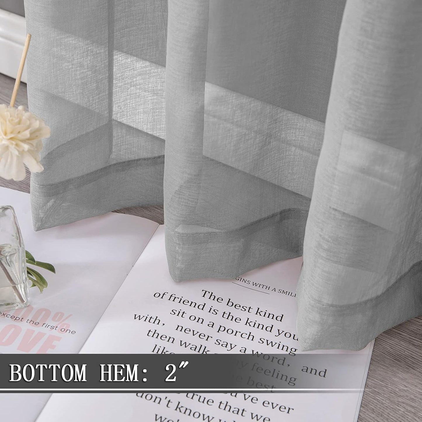 Tollpiz Short Sheer Tier Curtains Linen Textured Half Kitchen Curtain Sheers Light Filtering Rod Pocket Voile Small Curtain for Bathroom, 25 x 24 inches Long, Silver Grey, Set of 2 Panels