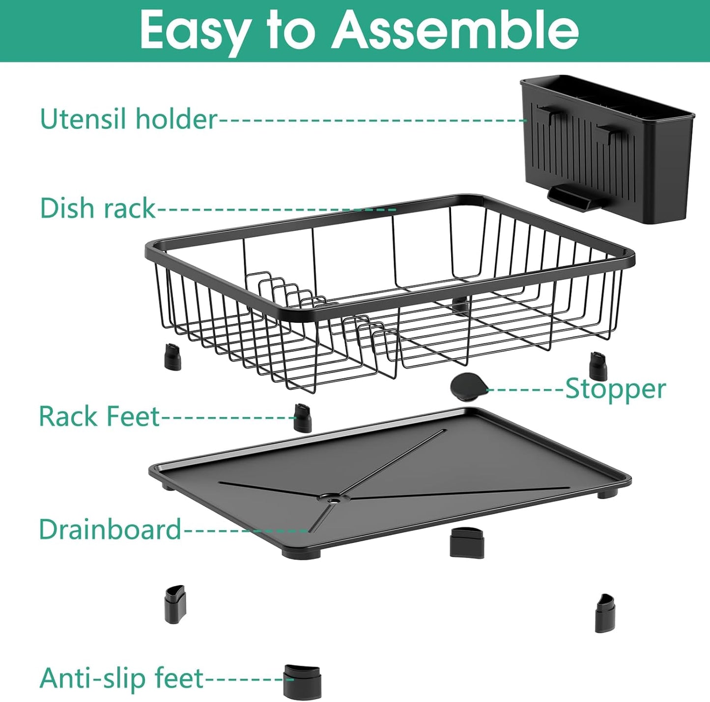Dish Drying Rack - Space-Saving Dish Rack,Dish Racks for Kitchen Counter with Drainboard, Rustproof Dish Drainer with a Removable 4-Compartment Utensil Holder,Black