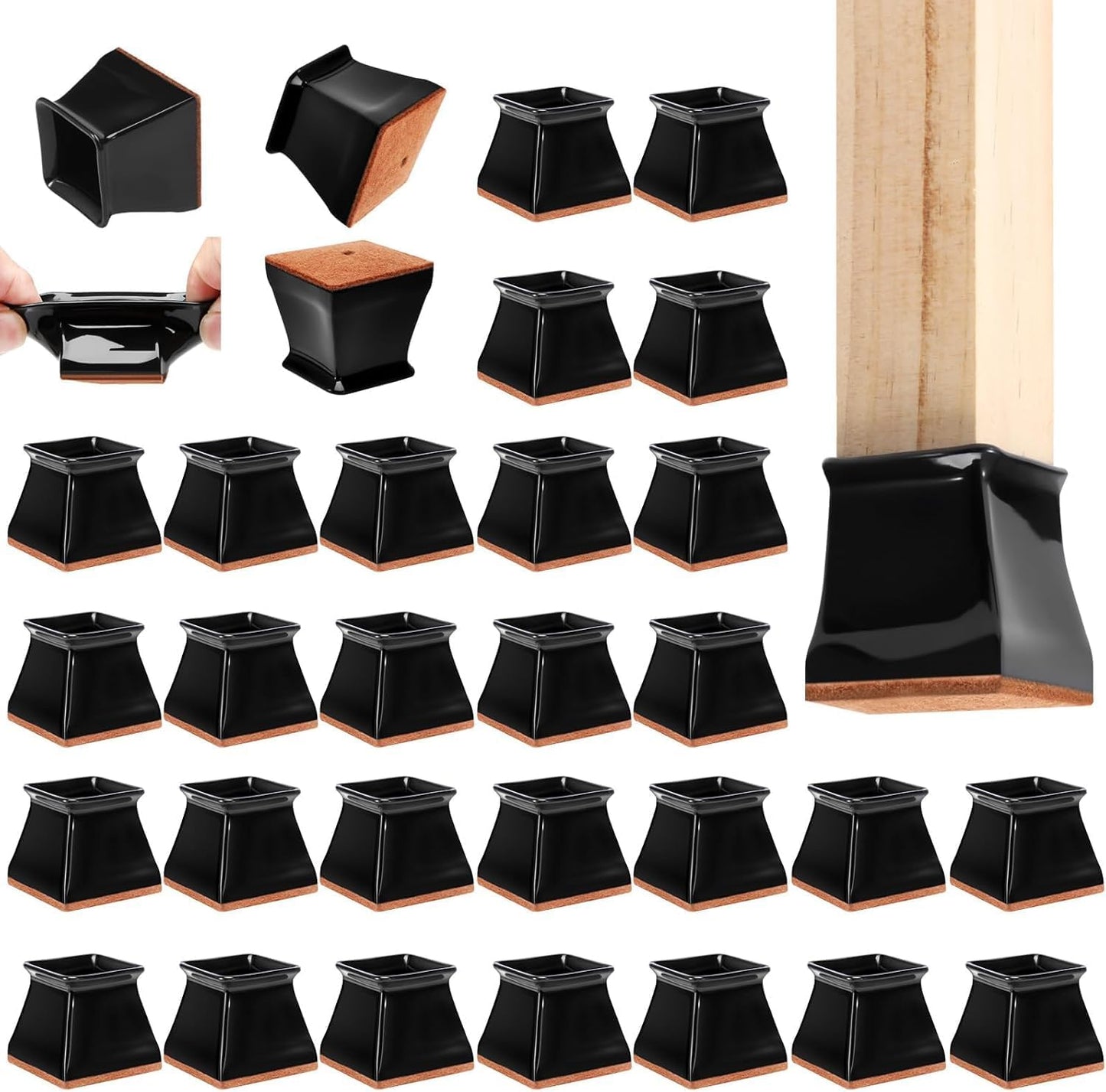CHUNZEXI 32 Pack Square Chair Leg Floor Protectors for Hardwood Floors, Silicone Felt Covers Pads Caps, Protect Wood Furniture Feet Floors Noise Reduce and Scratch (Square Large & Black)