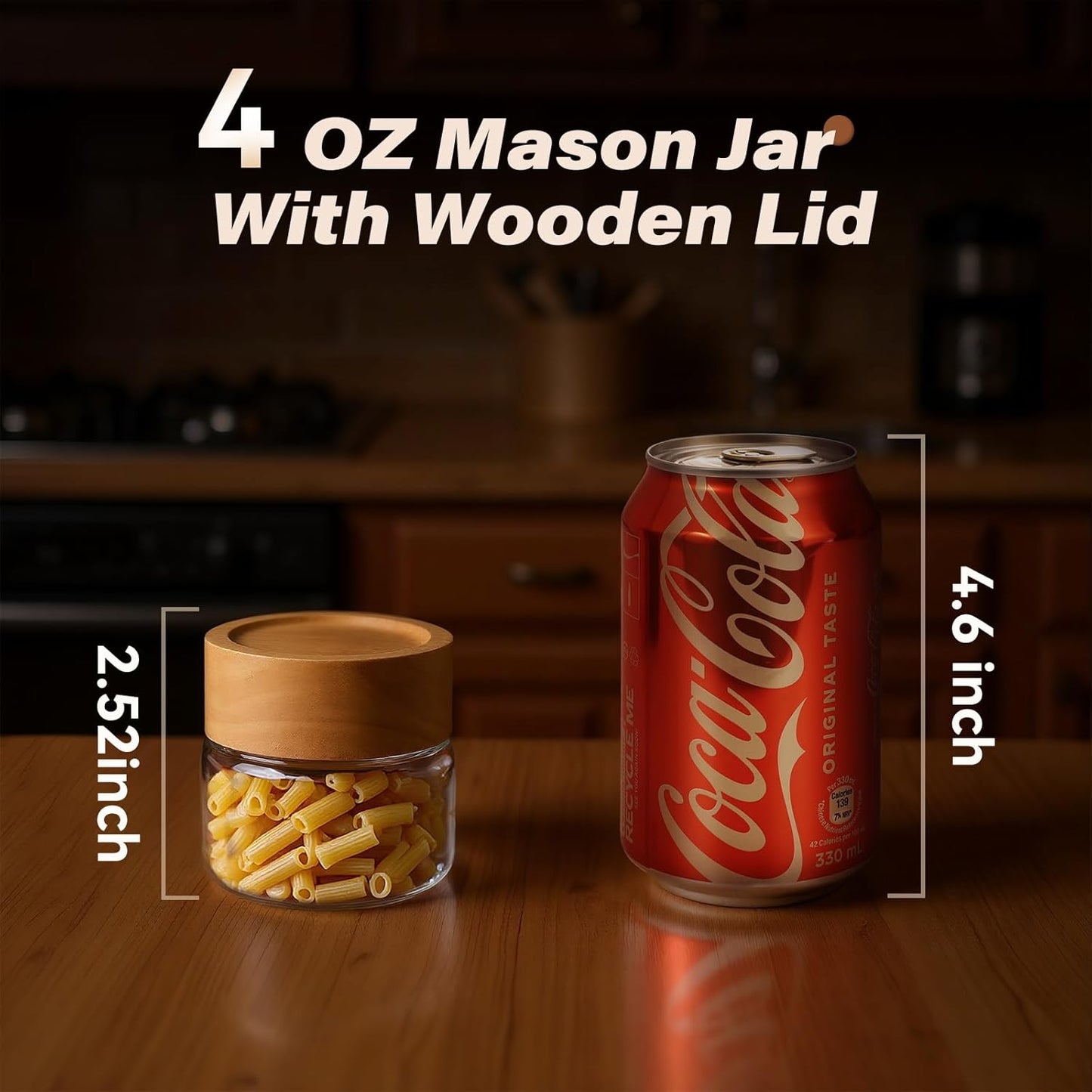 2-Pack 4 oz Leakproof Mason Jars with Airtight Acacia Wood Lids - Small Glass Food Storage Containers for Overnight Oats, Spices, Snacks, Kitchen Pantry Organization