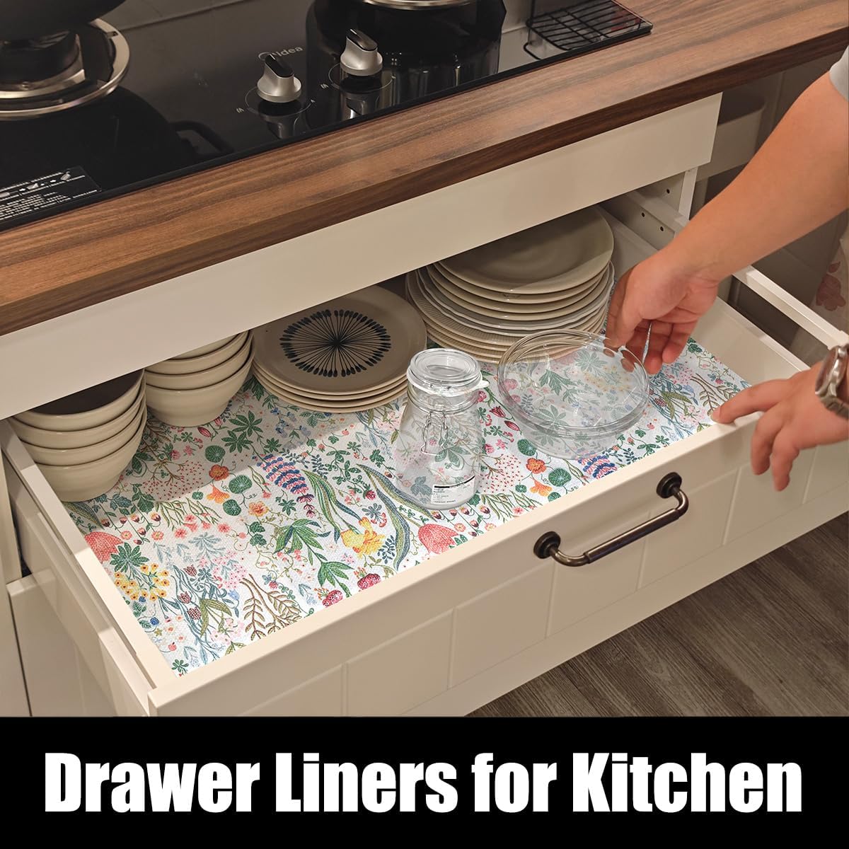 Floral Shelf Drawer Liners, 12IN x 20FT Non Adhesive and Strong Non-Slip Thickened Colorful Cabinet Drawer Shelf Liners for Kitchen Wire Fridge, Waterproof Cabinet Liner,Easy to Clean,