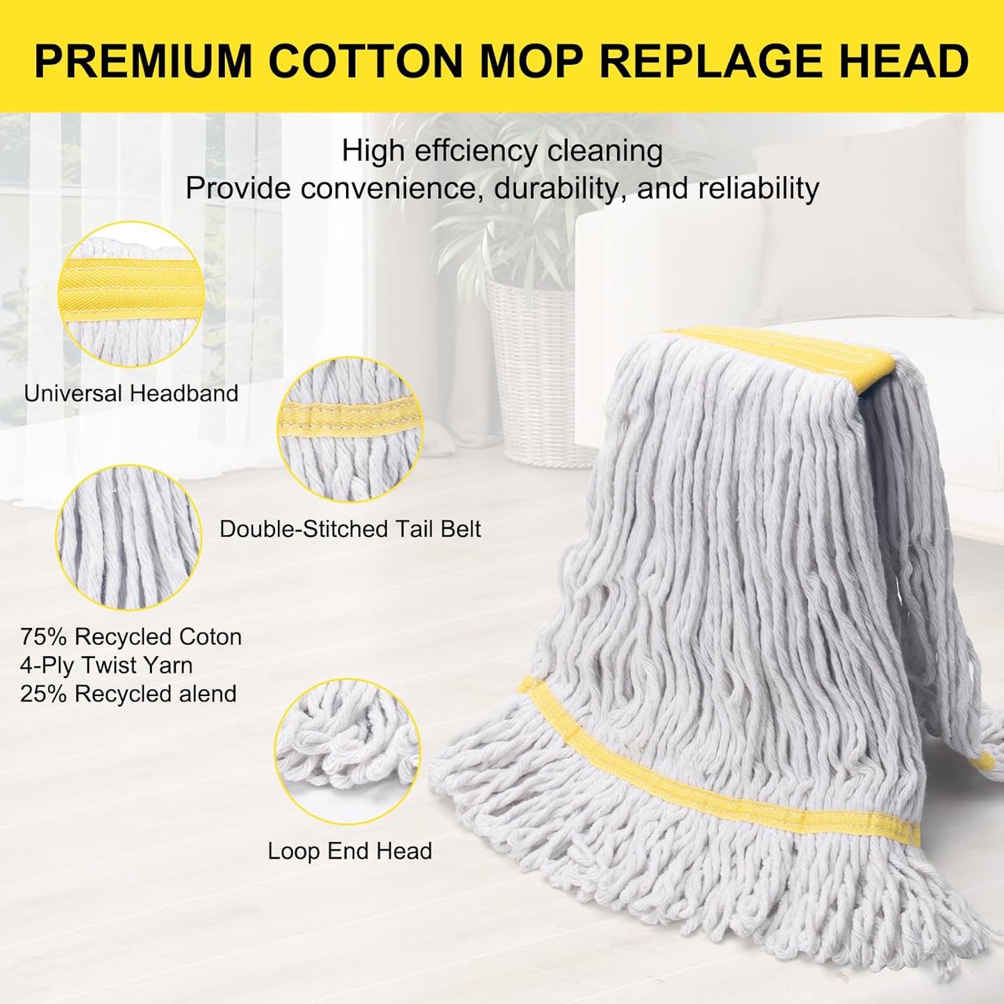 KeFanta 3 Pack Heavy Duty Commercial Mop Head Replacement,Wet Industrial Cotton Looped End String Mops Refill for Floor Cleaning,Yellow