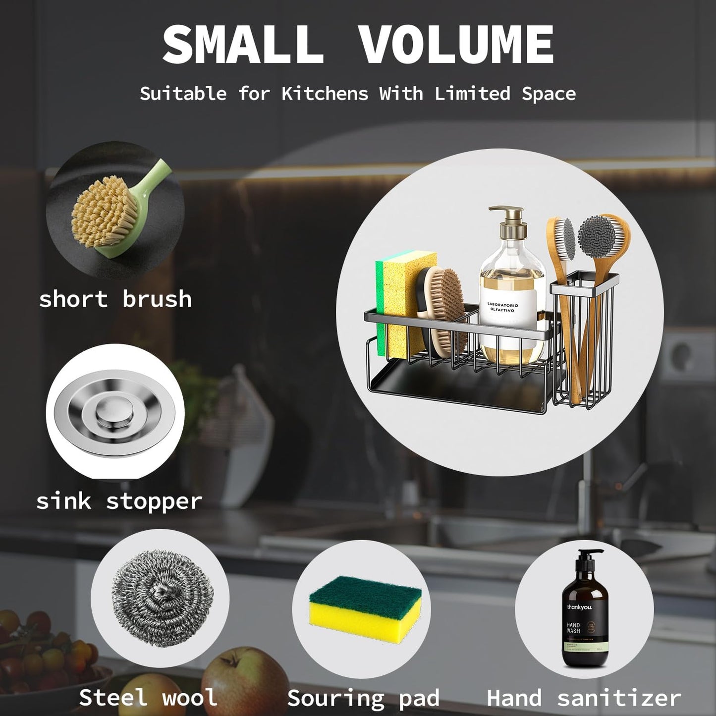 Sponge Holder & Sink Caddy Organizer - Rustproof Kitchen Sink Organizer with High Brush Holder - Kitchen Essentials Countertop Storage Organization (Grey)