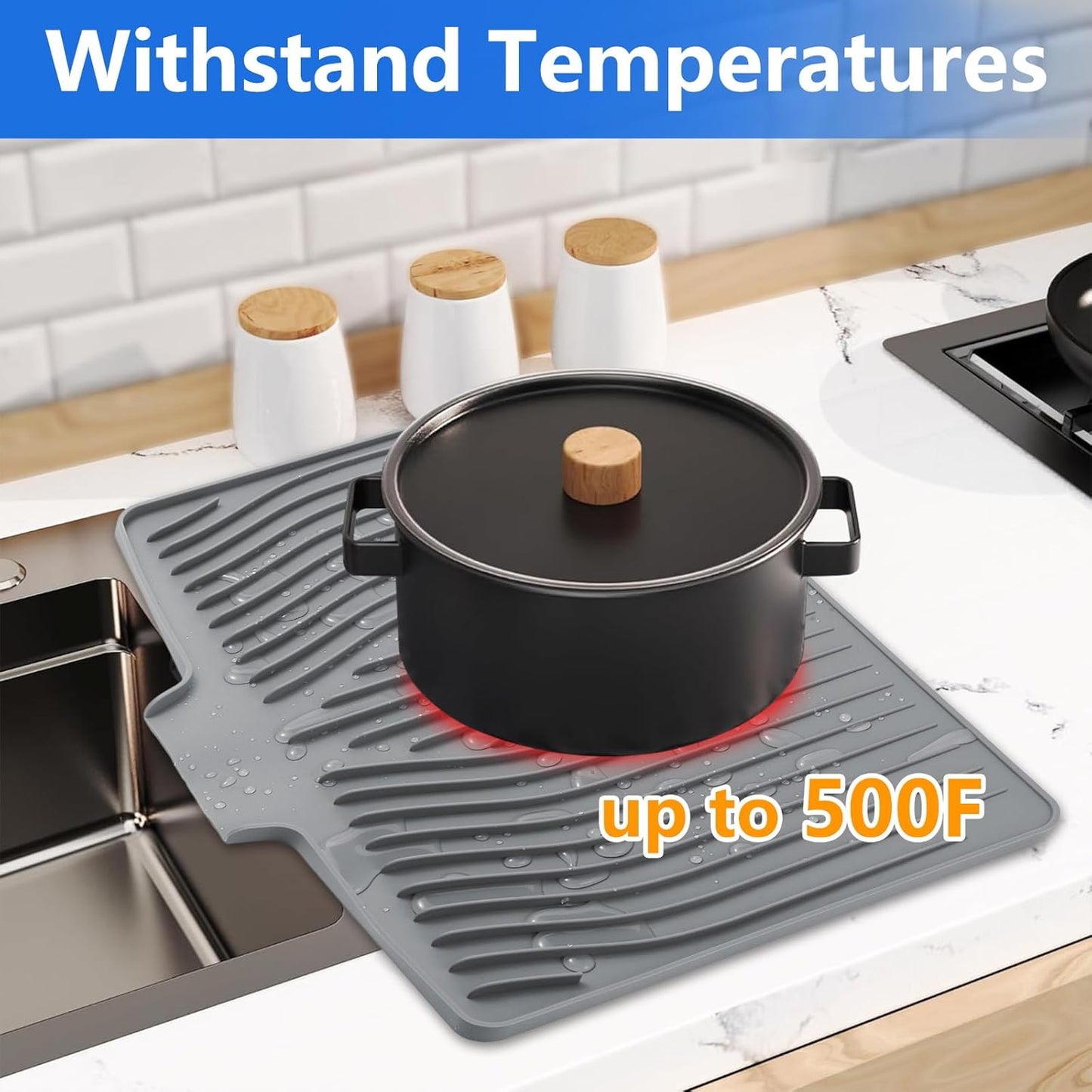 Silicone Dish Drying Mat for Kitchen Counter, Dish Drainer Mat, Non-Slip Drying Pad with Built-in Drain, Kitchen Drying Matt For Counter(18.9" x 11.8", Gray)