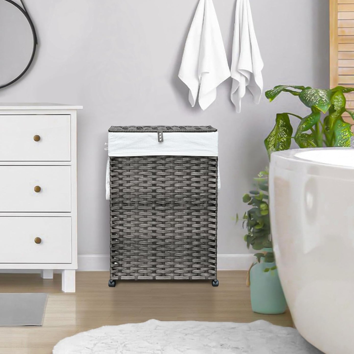 70L Slim Laundry Hamper with Lid & Wheels, Rolling Laundry Basket with 2 Removable Liner Bags & 3 Mesh Bags, Narrow Dirty Clothes Basket, Foldable Handwoven Rattan Laundry Sorter, Grey