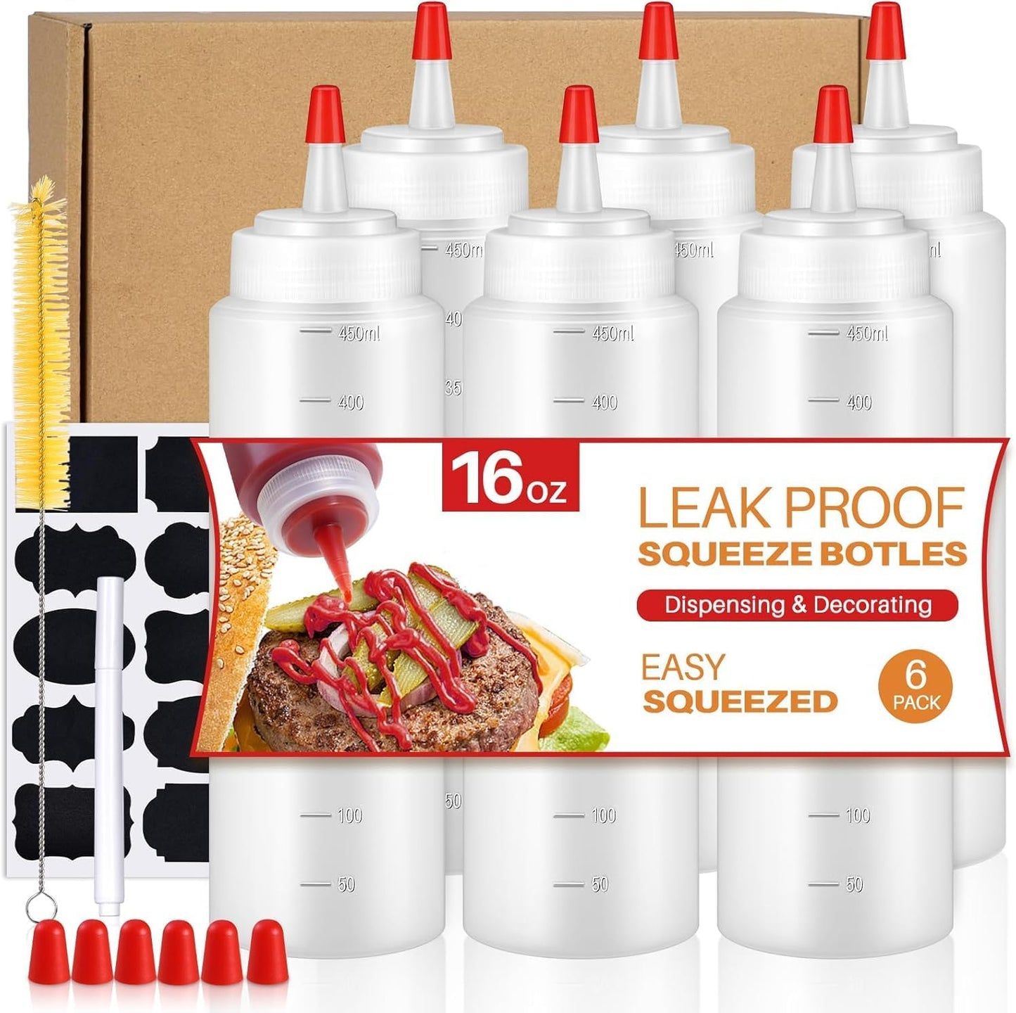 Squeeze Bottles, 16oz Leak-Proof Wide Mouth Condiment Squeeze Bottles for Liquids Sauces Ketchup Oil, 6 Pack