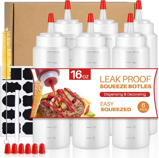 Squeeze Bottles, 16oz Leak-Proof Wide Mouth Condiment Squeeze Bottles for Liquids Sauces Ketchup Oil, 6 Pack