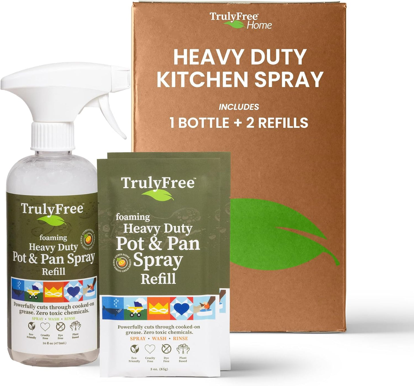 Truly Free Heavy Duty Pot & Pan Spray - Powerful Foaming Grease Remover, Multi-Purpose Kitchen Cleaner Spray Degreaser for Oven, Stoves, Grill & More, Citrus Scent - Includes 1 Empty Bottle & 2 Refill