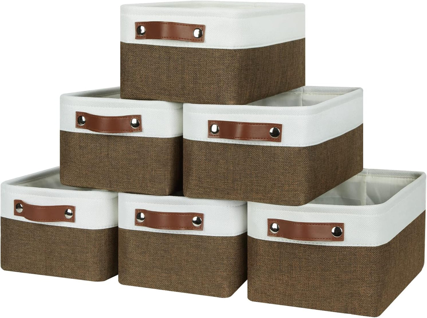HNZIGE Small Fabric Storage Bins (6 Pack) - Foldable Decorative Baskets with Handles, Empty Gift Baskets for Storage (Brown & White, 11.8" x 7.8" x 5.1")