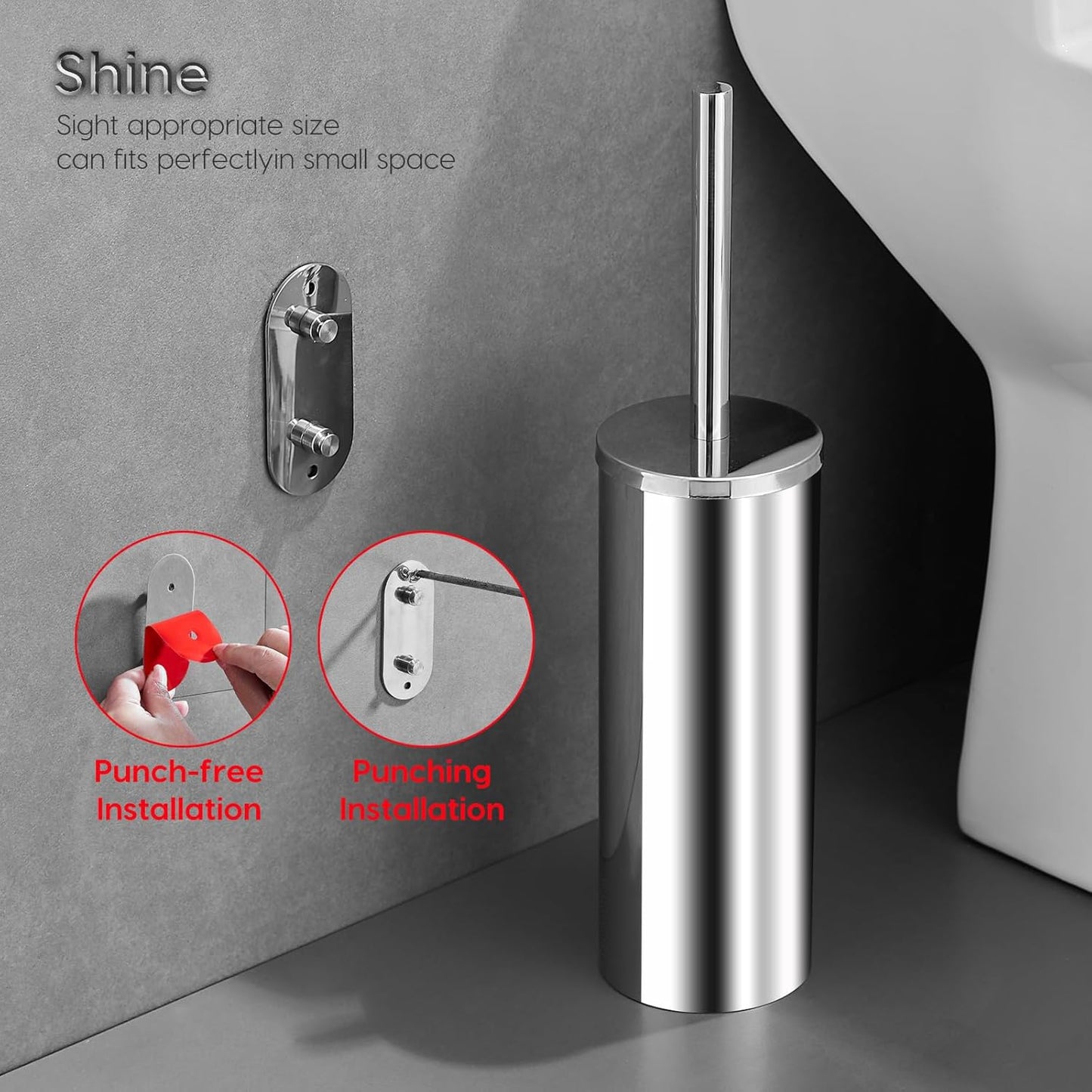 Toilet Brush and Brush Holder, Stainless Steel No-Punch Hook Base Dual Purpose Toilet Brush Holder with Removable Inner Bucket and Splash Cover - Soft Bristles (Chrome)