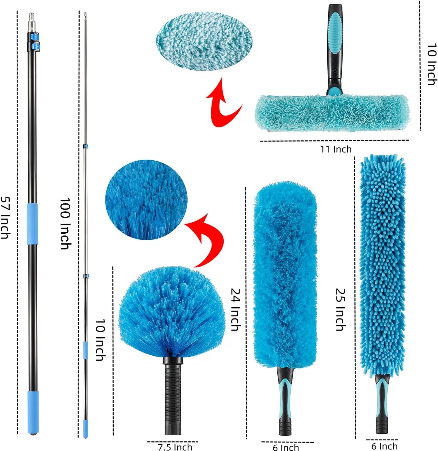 High Ceiling Fan Duster with 5-8 Foot Extension Pole, Extendable Reusable Cobweb, Feather, Window Cleaning Squeegee Kit