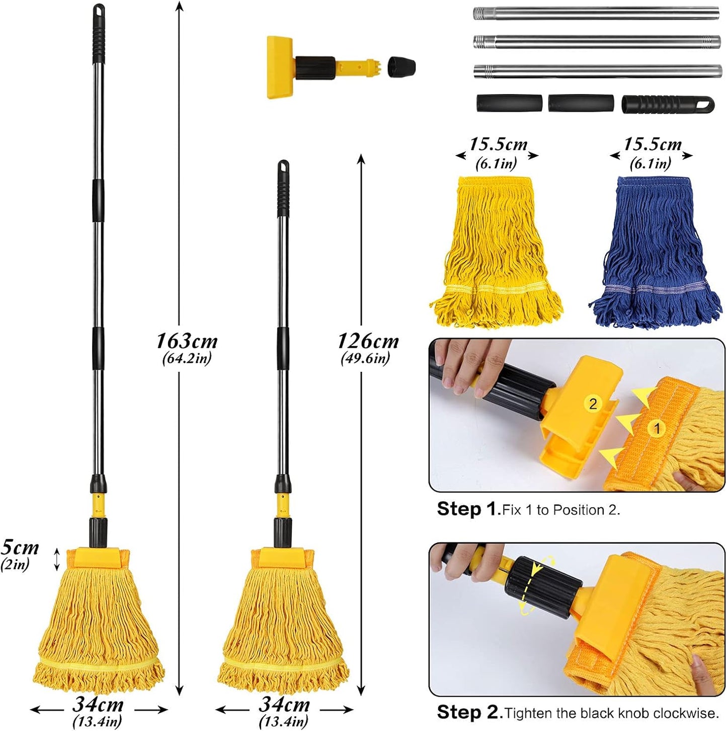 Masthome Industrial Mop, Commercial Mop for Floor Cleaning Heavy Duty, Cotton Mops Looped-End String Wet Mops with 2 MopHeads for Home, Garage, Office Floor Cleaning (Yellow-Blue)