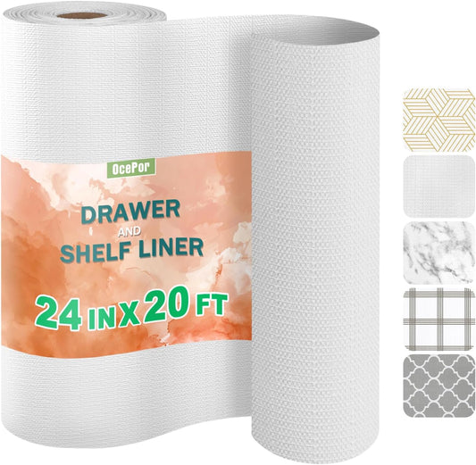 OcePor Non-Adhesive Drawer and Shelf Liner 24IN x 20FT，Non Slip Cabinet and Cupboard Liner, Kitchen Cabinet Liners for Shelves, Waterproof Drawer Shelf Liners for Cabinets/Bathroom Cupboard, White