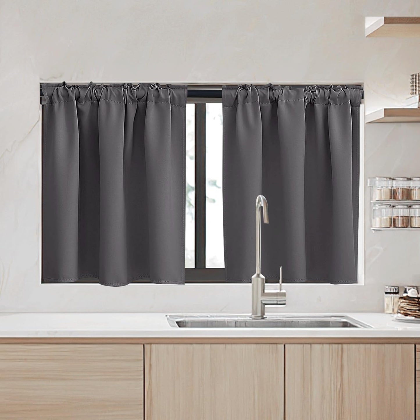 RYB HOME Small Window Curtains - Blackout Insualting Privacy Curtains for Kids Bedroom Kitchen Bathroom Basement Cafe Cabinet Tiers Drapes, 34 Width x 30 Length, 2 Panels, Grey