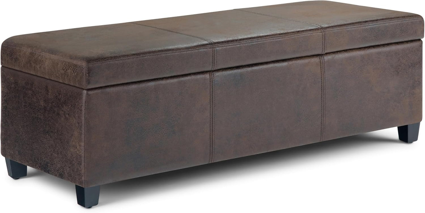 SIMPLIHOME Avalon 48 inch Wide Contemporary Rectangle Storage Ottoman Bench in Distressed Brown Vegan Faux Leather, Assembled, for the Living Room, Entryway and Family Room