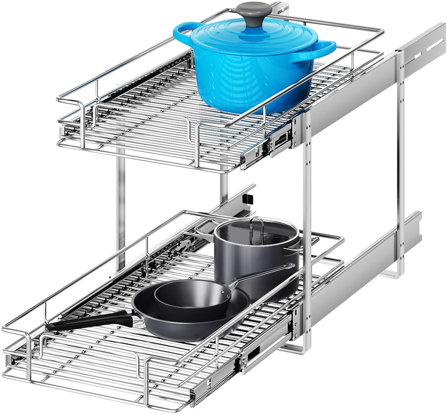 2 Tier Individual Pull Out Cabinet Organizer 10½" W x 21½" D, Heavy Duty Cabinet Pull Out Shelves, Slide Out Drawers Organization for Kitchen Cabinets Bathroom