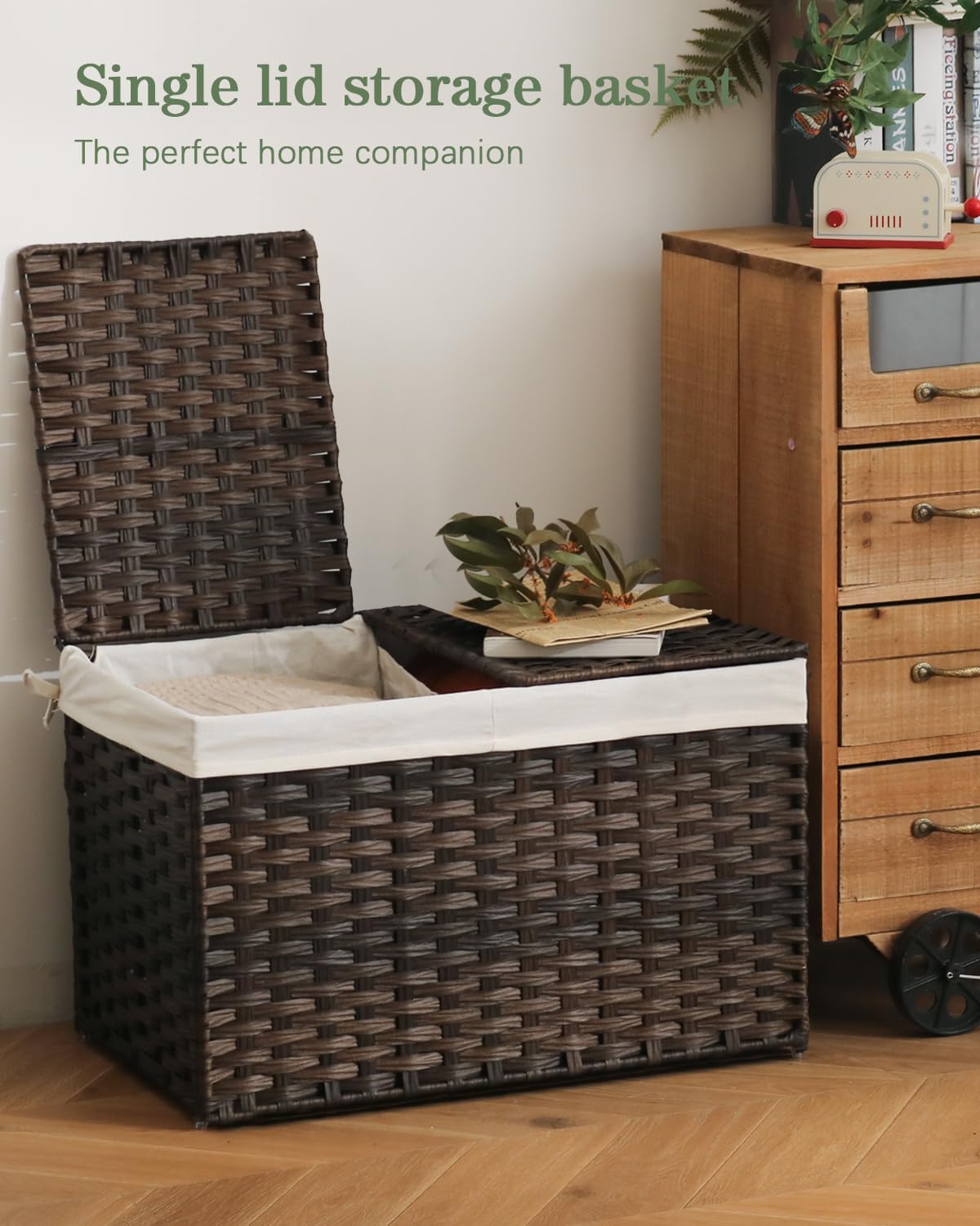 Storage Basket with Lid Wicker Baskets for Storage with 2 Separate Lid 42.3 Gallon (160 L) 29.9 x 17.3 x 18.1 Inches Rattan Woven Large Wicker Basket with 2 Liners for Bedroom Laundry Brown