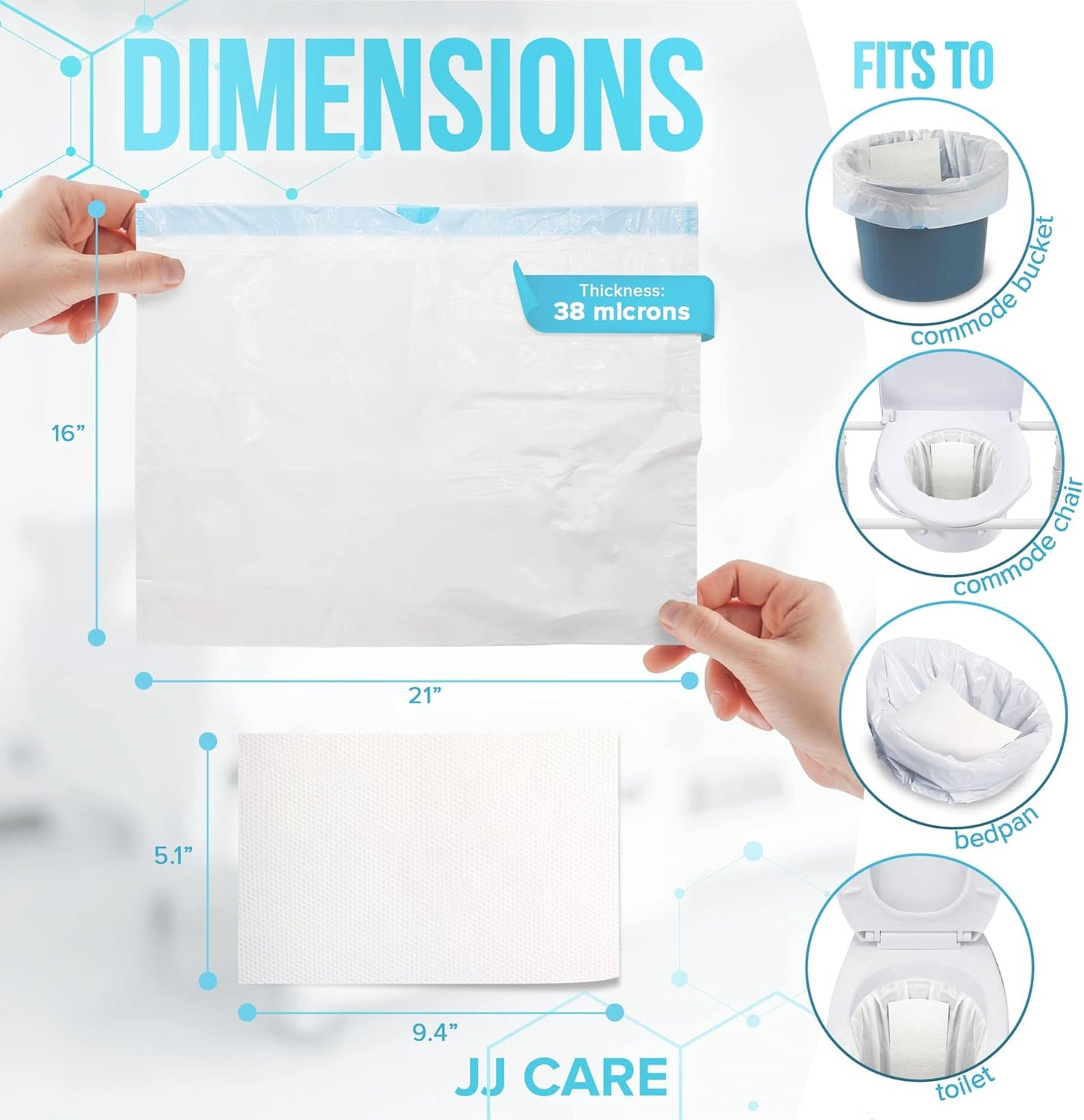 JJ CARE Bedside Commode Liners with Absorbent Pads - Pack of 90 Commode Poop Bags Liners 16"x21" Adults' Portable Bed Pan Toilet Chair, Disposable Toilet Bags for Bedside