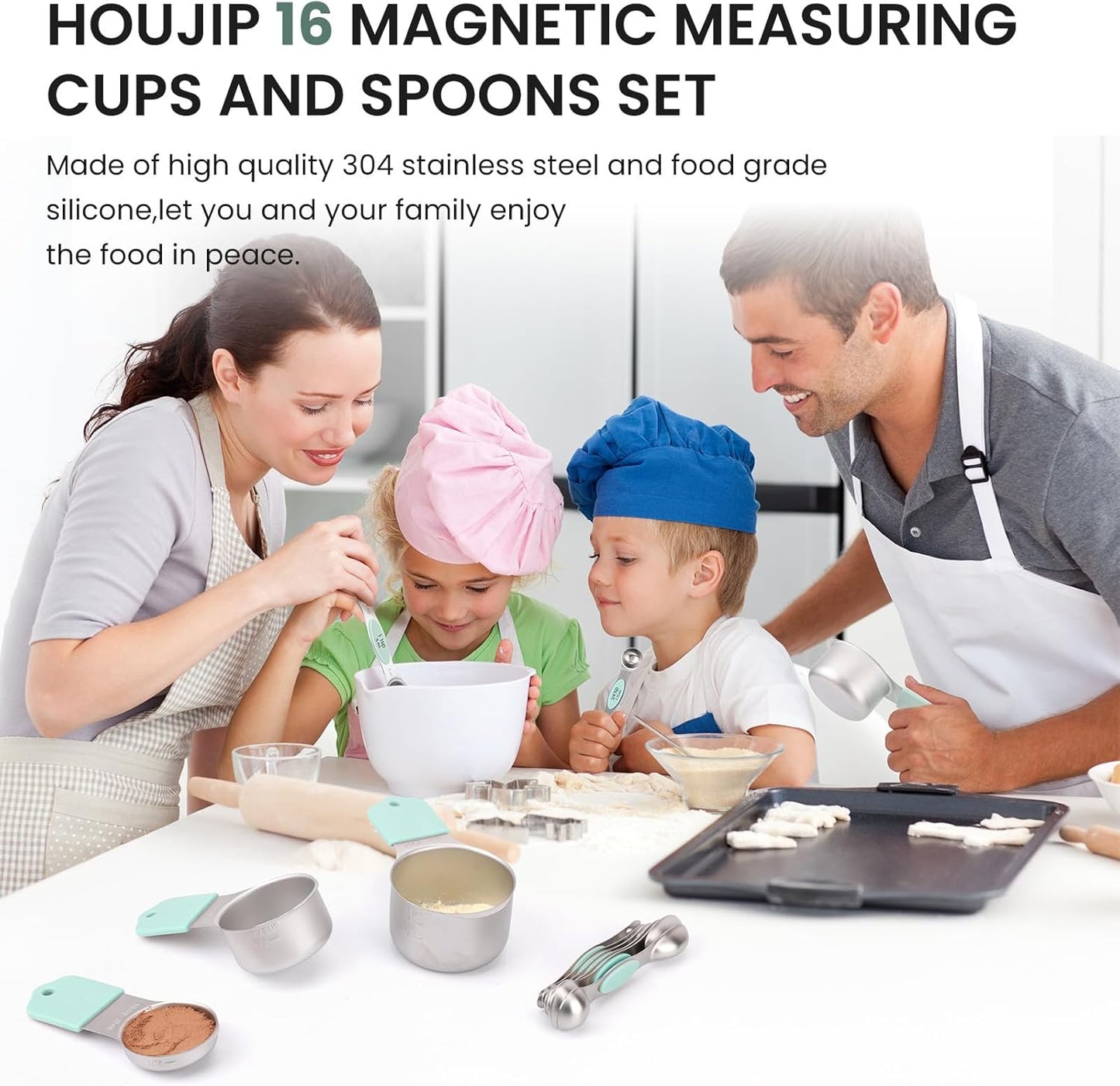 Magnetic Measuring Cups and Spoons Set-Heavy Duty 304 Stainless Steel，Double Measurement Markings，Set of 16 with Leveler for Measure Dry and Liquid Ingredients (Mint)