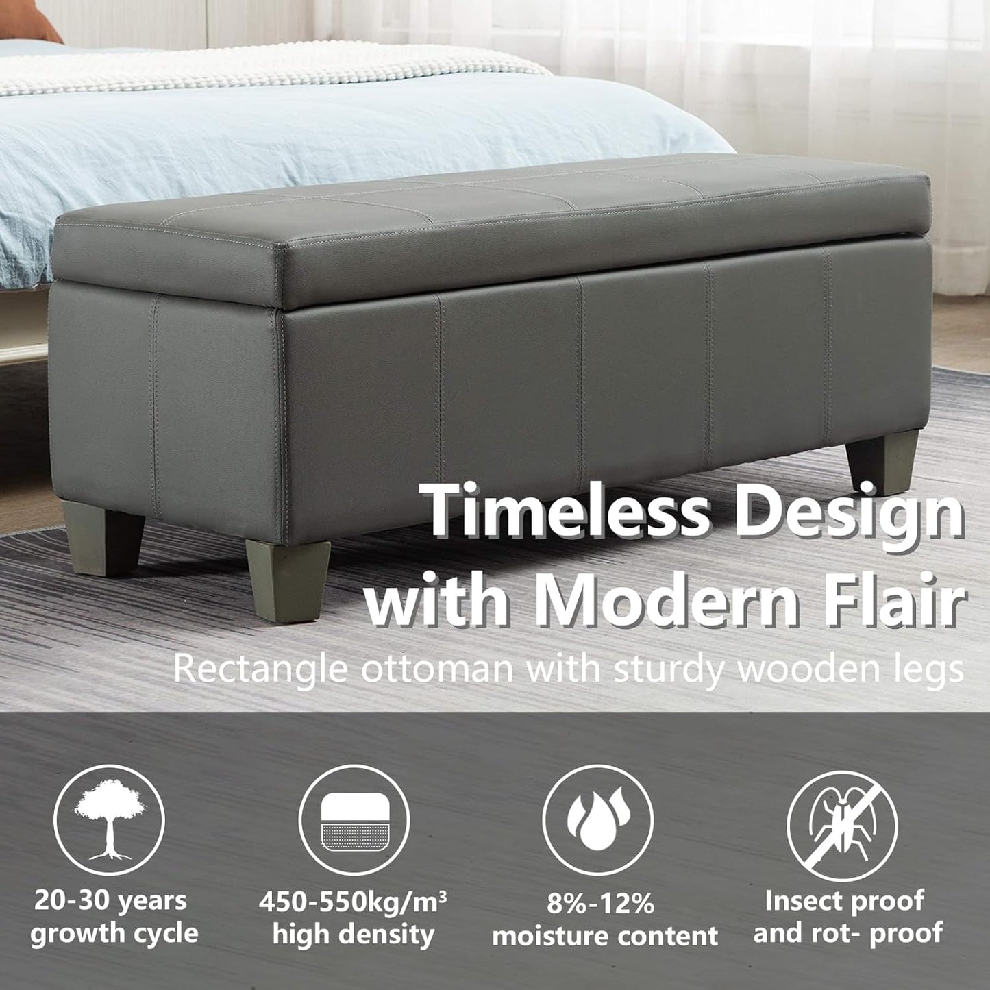 Grey Faux Leather Ottoman with Storage, Rectangular Extra Long Storage Bench for Bedroom and Living Room