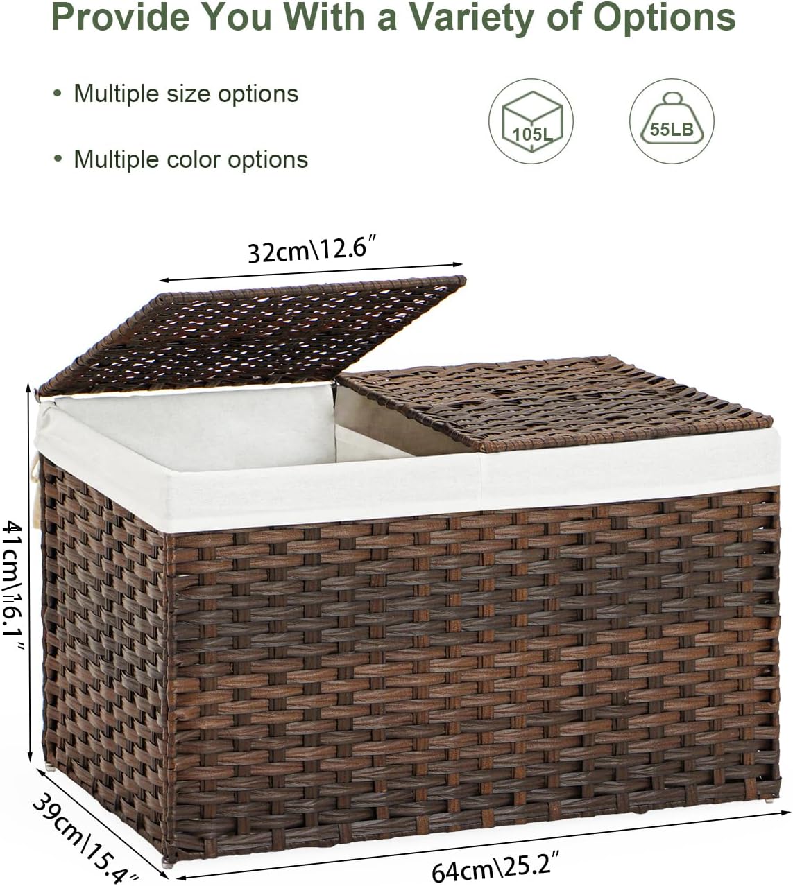 Storage Basket with Lid Rattan Storage Basket with 2 Separate Lid, 27.8 Gallon (105 L) 25.2 * 15.4 * 16.1 Inches Woven Wicker Baskets with 2 Liners and Handles for Bedroom Laundry-Brown