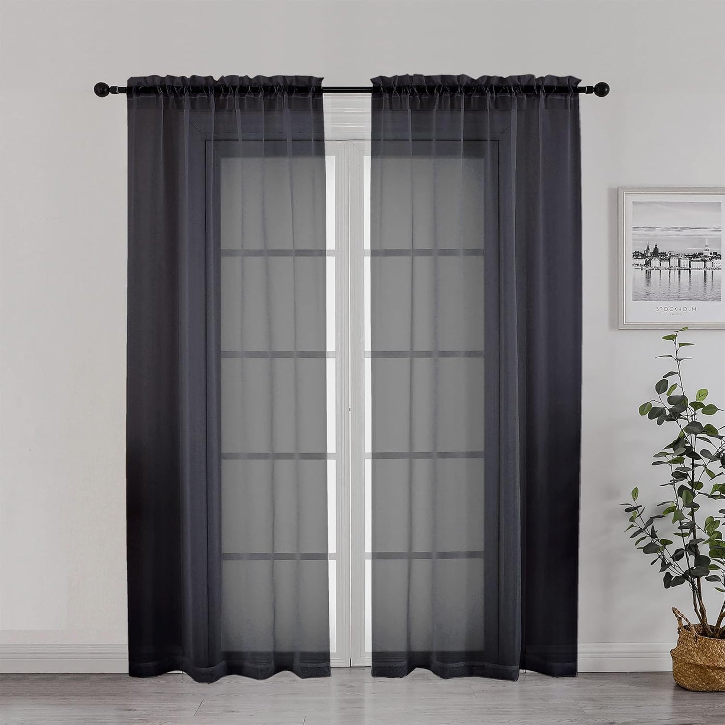 Chyhomenyc Black Sheer Curtain 72 Inches Length 2 Panels, Voile Top Dual Rod Pockets Light Filtering Airy Window Treatment Drapes for Living Room/Bedroom, Each 42Wx72L