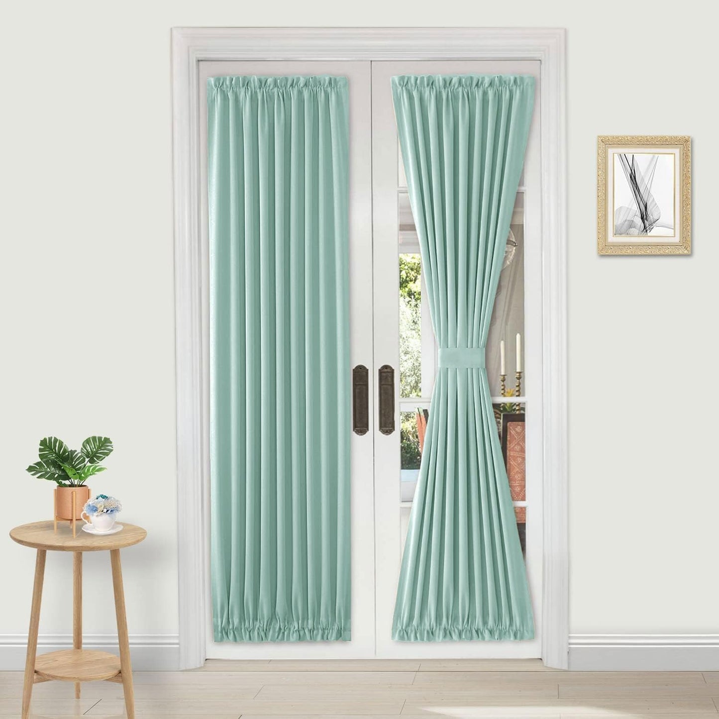 DWCN French Door Curtains – Rod Pocket Thermal Blackout Curtain for Doors with Glass Window, Kitchen and Patio Doors for Privacy, 25 X 72 Inches Long, 1 Curtain Panel with Tieback, Mint Green