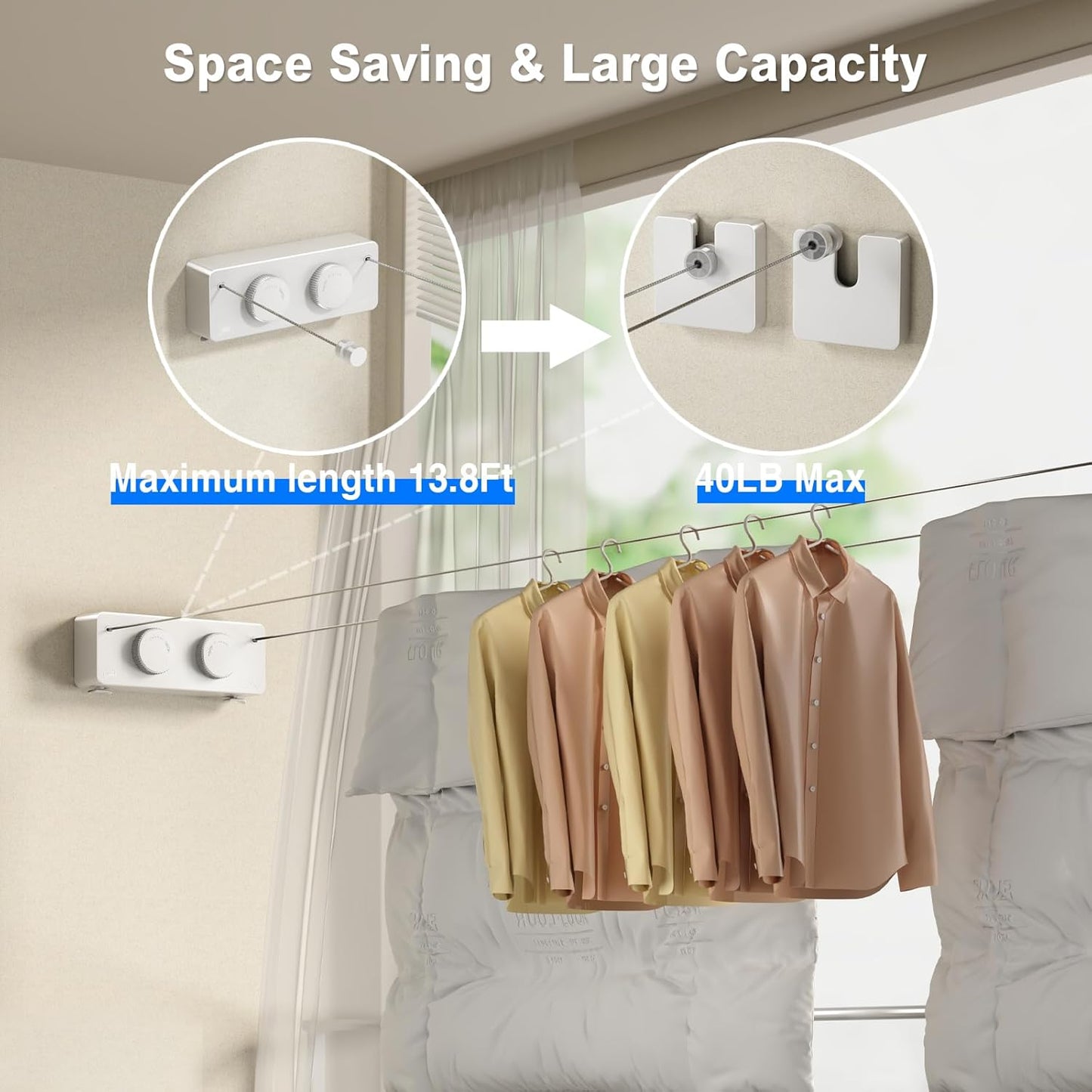Retractable Twin Clothesline Indoor, Non-Sagging Outdoor Clothes Line Retracting Heavy Duty Clothes Drying Laundry Line Wall Mounted Stainless Steel Line-13.8Feets(Double Line-White)