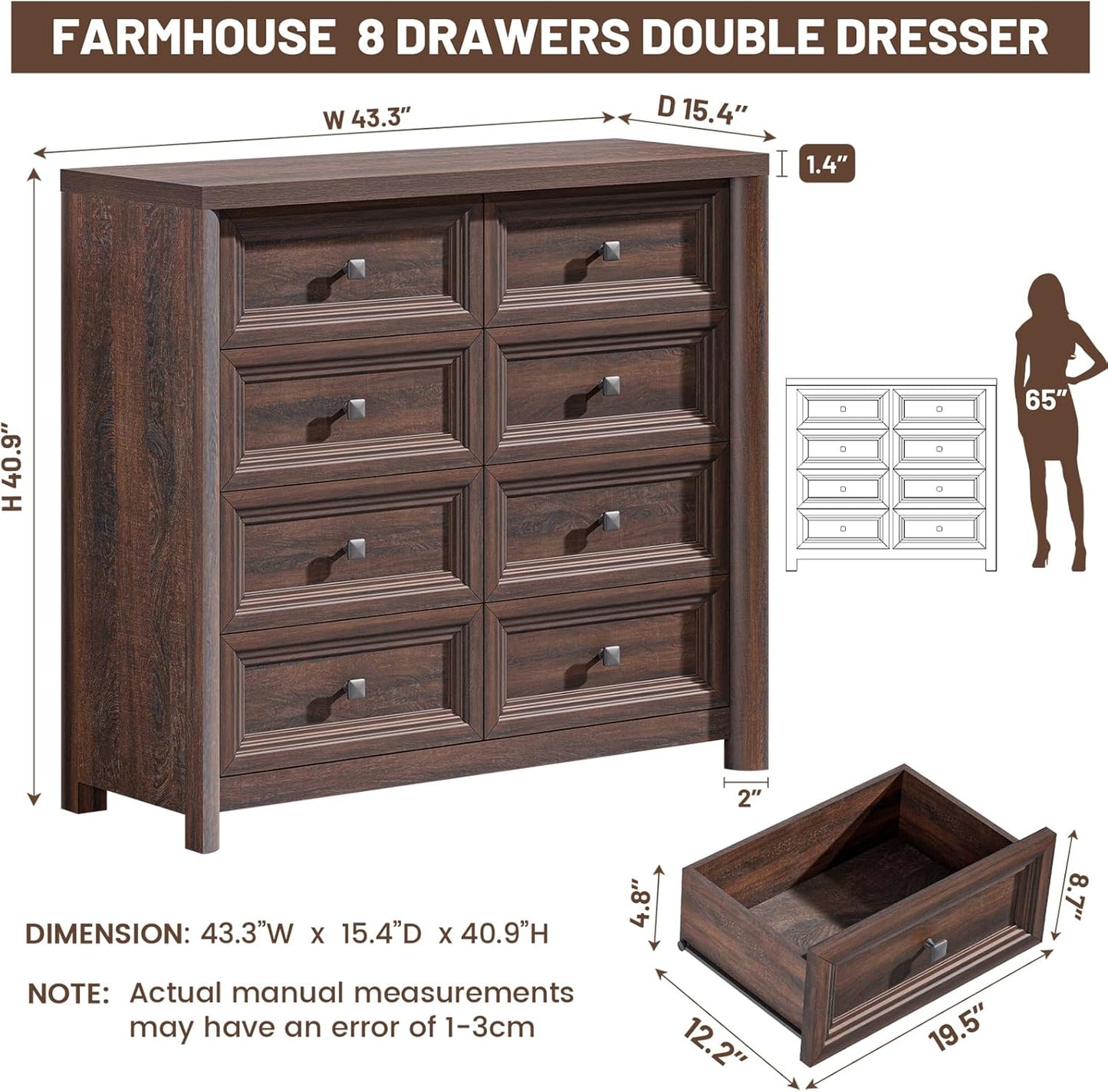 Farmhouse 8 Drawer Dresser for Bedroom, 41" Tall Wood Chest of Drawers, 43.3" Wide Dresser TV Stand, Storage Closet Drawer Organizer for Bedroom, Walnut