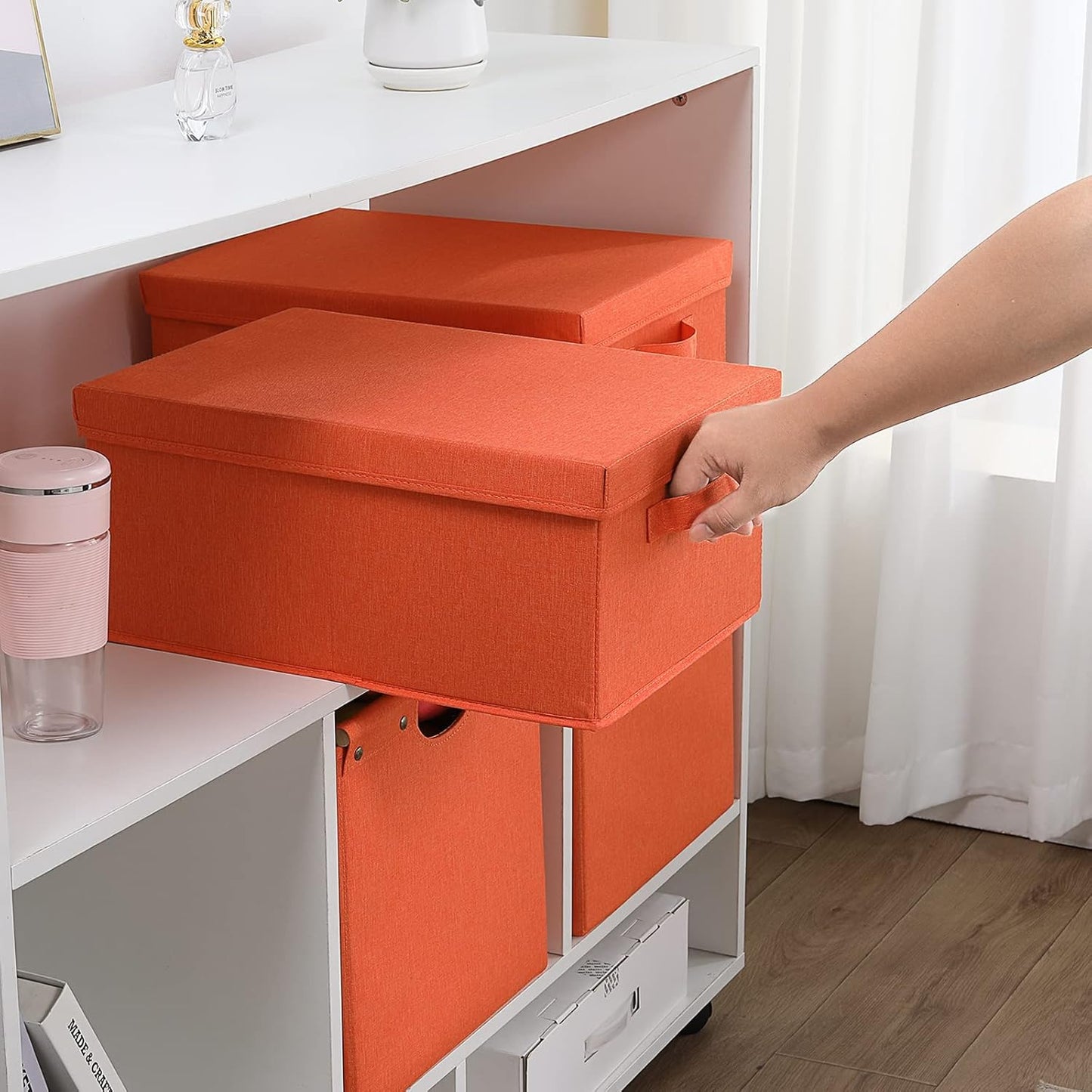 HOONEX Storage Bins with Lids for Organizing, Pack of 2, Storage Boxes with 2 Carrying Handles and Sturdy Heavy Cardboard, 16.5" L x 11.8" W x 7.5" H for Shoes, Books, Clothes, Nursery, Orange