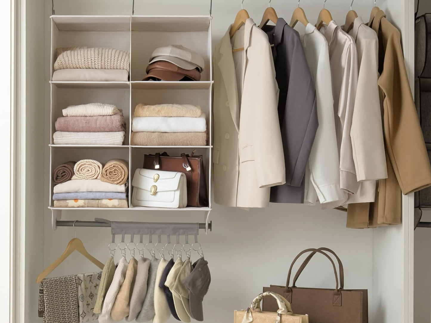 StorageWorks Hanging Closet Organizer with Metal Rod, 6-Section Closet Organizers and Storage, Collapsible Hanging Shelves for Baby Clothes, Shoes, Sweater Storage, Ivory and White