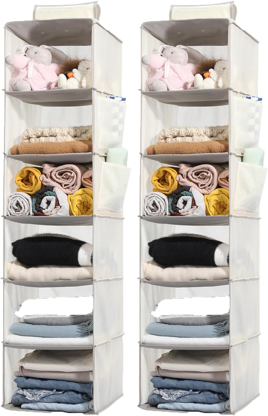 2 Packs Hanging Closet Organizer Storage, 6-Shelf Hanging Shelves Clothes Organizer and Storage with Side Pockets, Beige