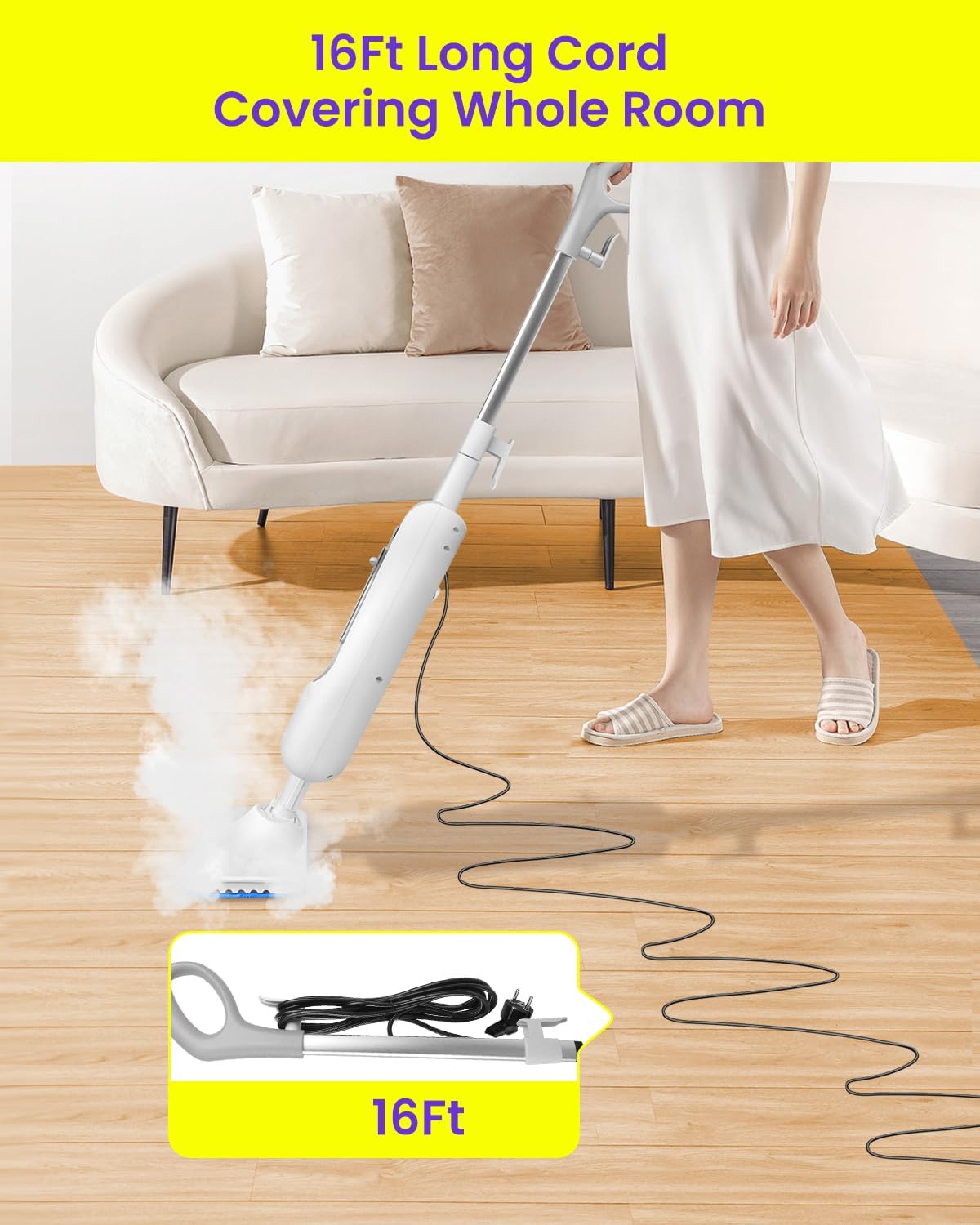Steam Mop for Floor Cleaning, Effortless Ergonomic Design Floor Steamer for Hardwood and Tile, Adjustable Steam Modes, 1500W High Power, 16.4ft Cord, 400Ml XL Tank, 2 Washable Pad