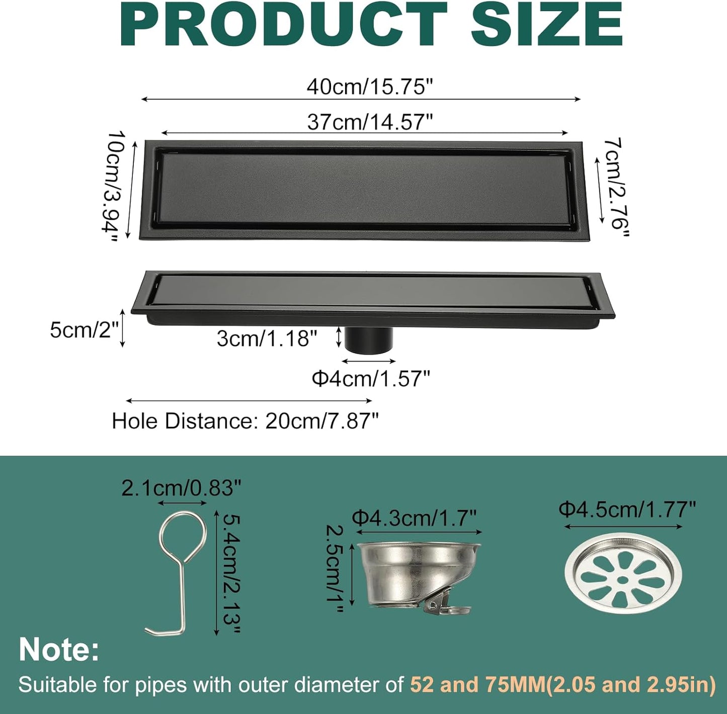 uxcell Rectangular Shower Drain, Brushed 304 Stainless Steel Odor-Proof Floor Drain Linear Shower Drain Hair Catcher for Bathroom Kitchen and Laundry Room(16 Inch, Black)