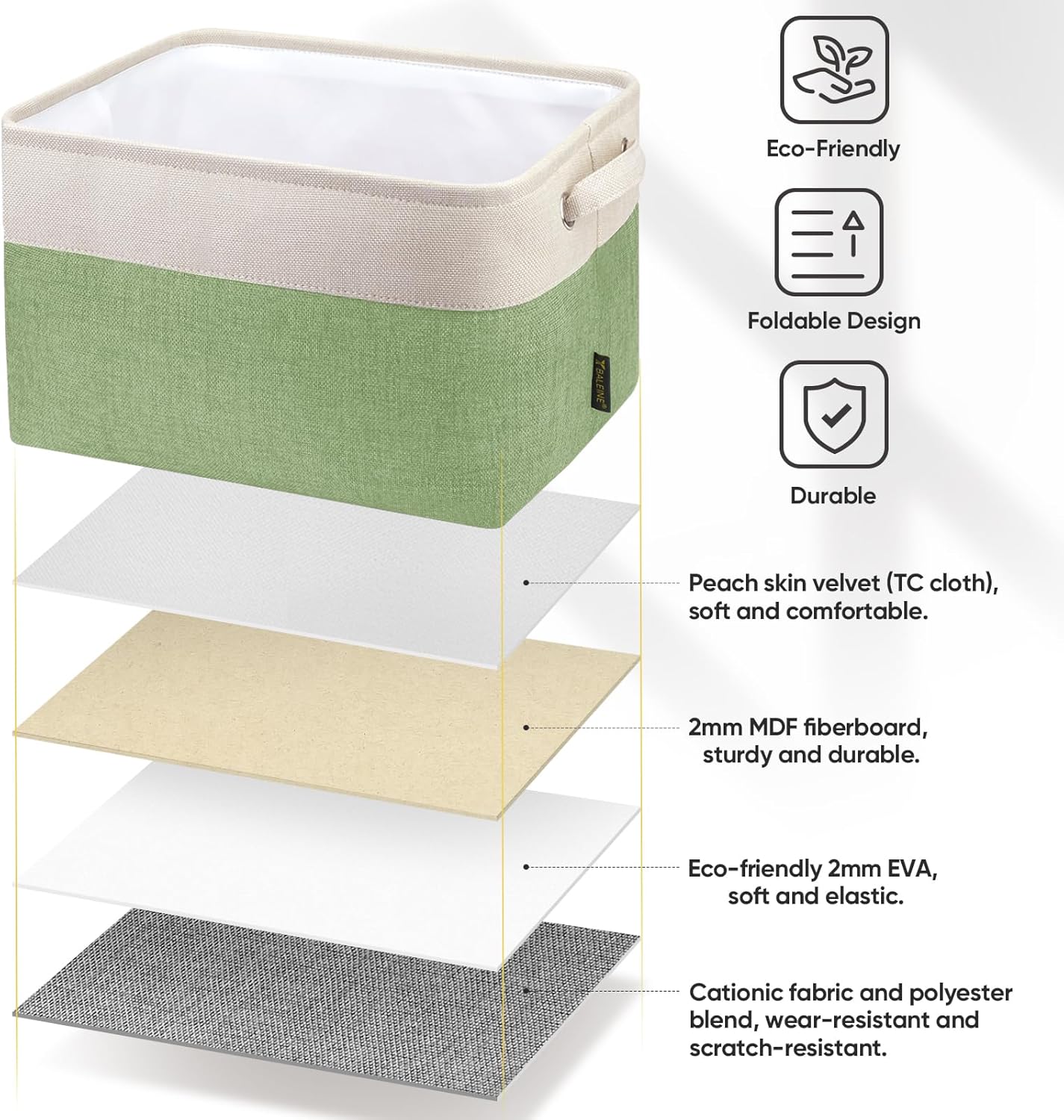 BALEINE 1 Pack Fabric Storage Bins for Shelves, Linen Storage Baskets for Organizing, Decorative Closet Bins for Clothes, Home (Green, 15''x11''x9.5'')