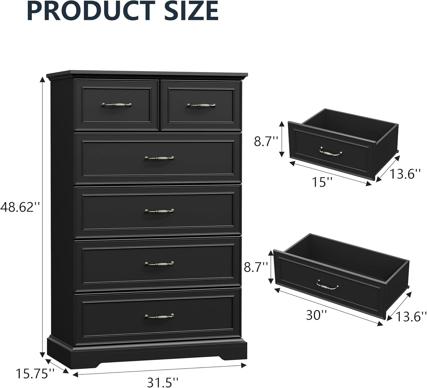 6 Drawer Dresser for Bedroom, 49" Tall Wooden Chest of Drawers, Rustic Farmhouse Dresser with Large Drawers & Metal Handles, Modern Storage Organizer for Closet, Living Room, Hallway, Black