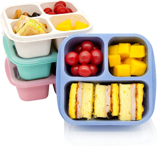 4 pack Bento Lunch Box, Snack Containers，Meal Prep Containers Kids/Toddle/Adults,Food Storage Containers for School, Work and Travel (4 and 3 Compartment Multicolor)