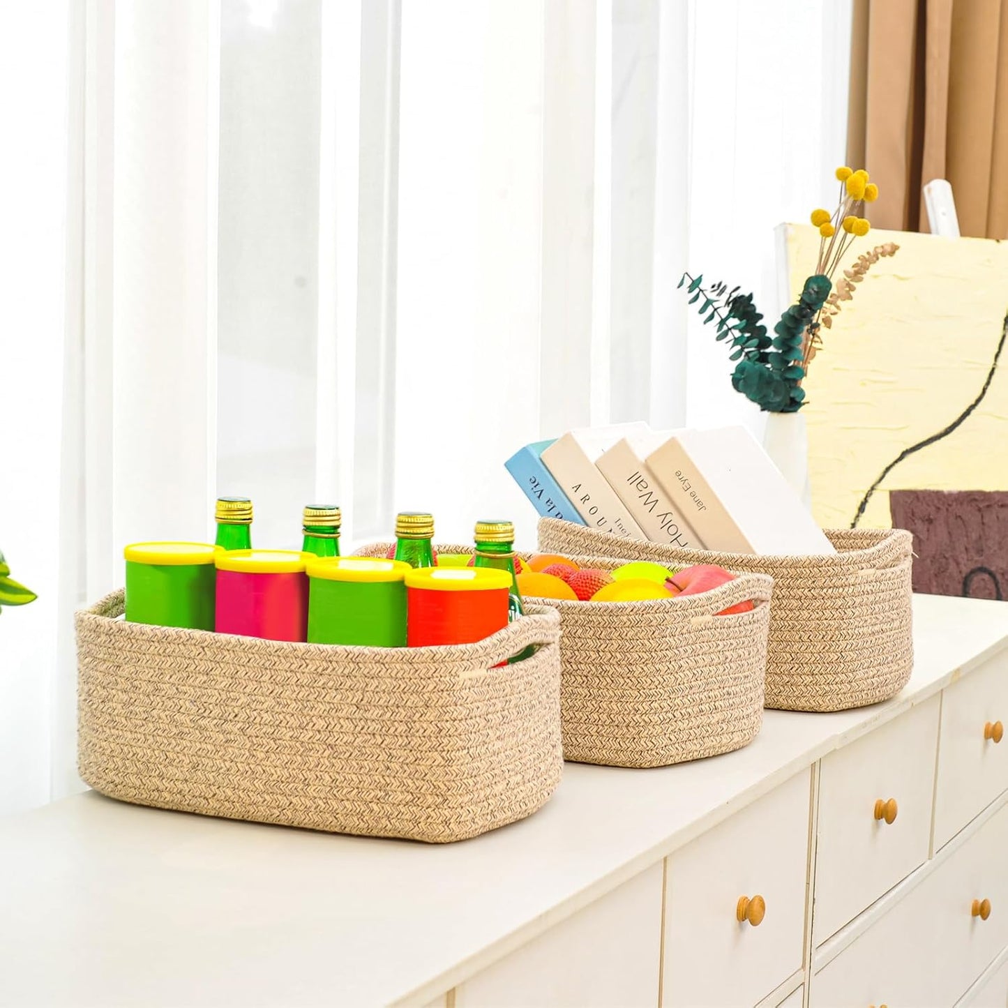 Small Baskets for Organizing, Woven Storage Baskets for Shelves, Small Rope Basket for Storage, Decorative Little Baskets for Gifts Empty, 13"×8.5"×5.1" (3 Packs) Brown