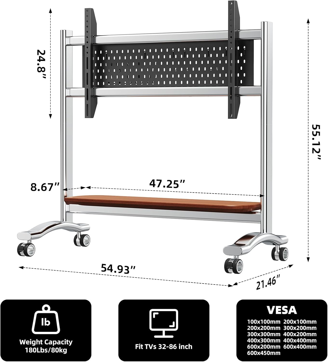 Stainless Steel Art Rolling TV Cart, Mobile TV Stand for 65-110inch TVs, Heavy Duty TV Stand with Wood Shelf&Large Storage Pegboard 220 lb. Load Capacity, Max VESA 1200x600mm (Style 1)
