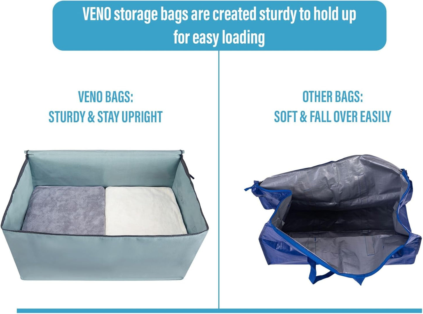 VENO 4 Pack Moving and Storage Bags, Heavy Duty, Alternative to Moving Boxes, Large Packing Totes Supplies for College Dorm Room with Zipper for Clothes, Wide Open Design (Light Blue Matte, 4 Pack)