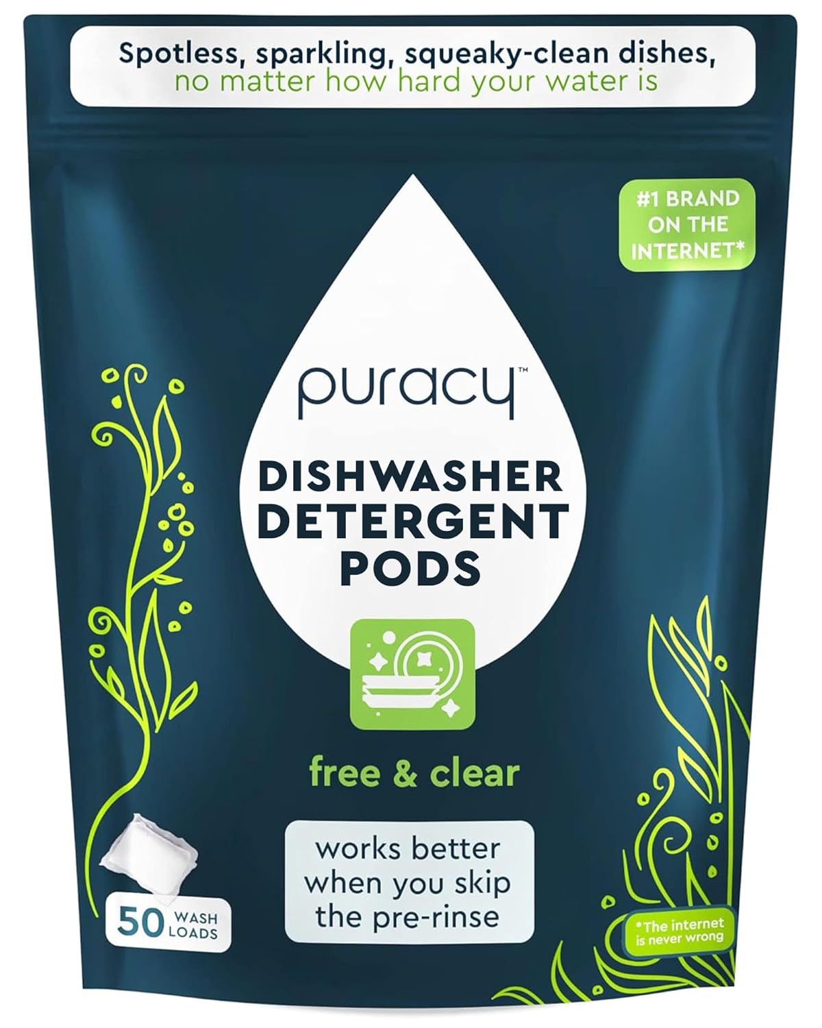 Puracy Dishwasher Pods, Natural Dishwasher Detergent, Free & Clear Dish tabs - Enzyme-Powered, Spot & Residue Free - TikTok Trend Items, Must Haves from TikTok Made Me Buy It (Free & Clear, 50 Count)