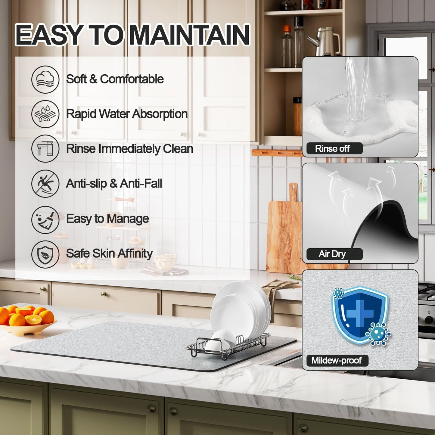 Dish Drying Mat for Kitchen Counter | Coffee Bar Mat for Countertops | Heat Resistant Drainer Mat with Non-slip Rubber Backed | Hide Stain Kitchen Absorbent Draining Mat | Light Grey 18"x28"