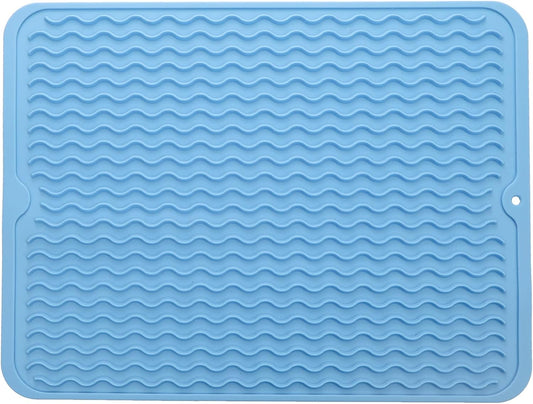 Silicone Dish Drying Mat for Multiple Usage,Easy clean,Eco-friendly,Heat-resistant Silicone Mat for Kitchen Counter or Sink,Refrigerator or drawer liner Light Blue L 16 inches x 12 inches