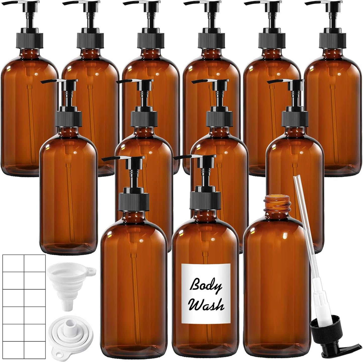 12 Pack Amber Glass Bottles 16oz with Pump Dispensers, Refillable Empty Pump Bottles for Bathroom, Kitchen, Shampoo, Soap, Lotion – Includes 2 Funnels & 12 Labels