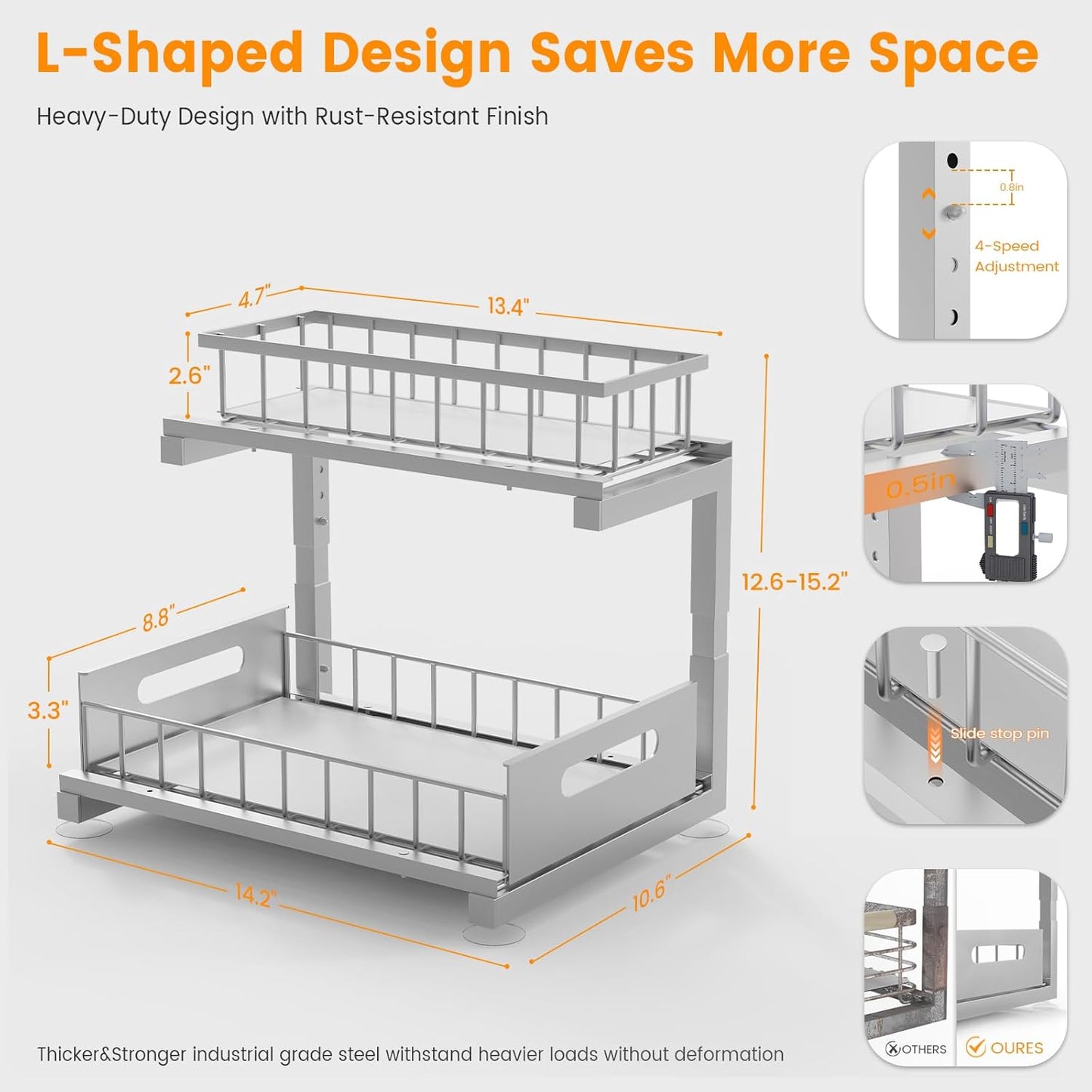 Under Sink Organizer Storage 2-Tier Heavy Duty Metal Pull Out Cabinet Organizer Slide Out Sink Shelf Organizer Height Adjustable, Multi-Purpose Storage Shelf for Kitchen Bathroom (Silver, 1 Pack)