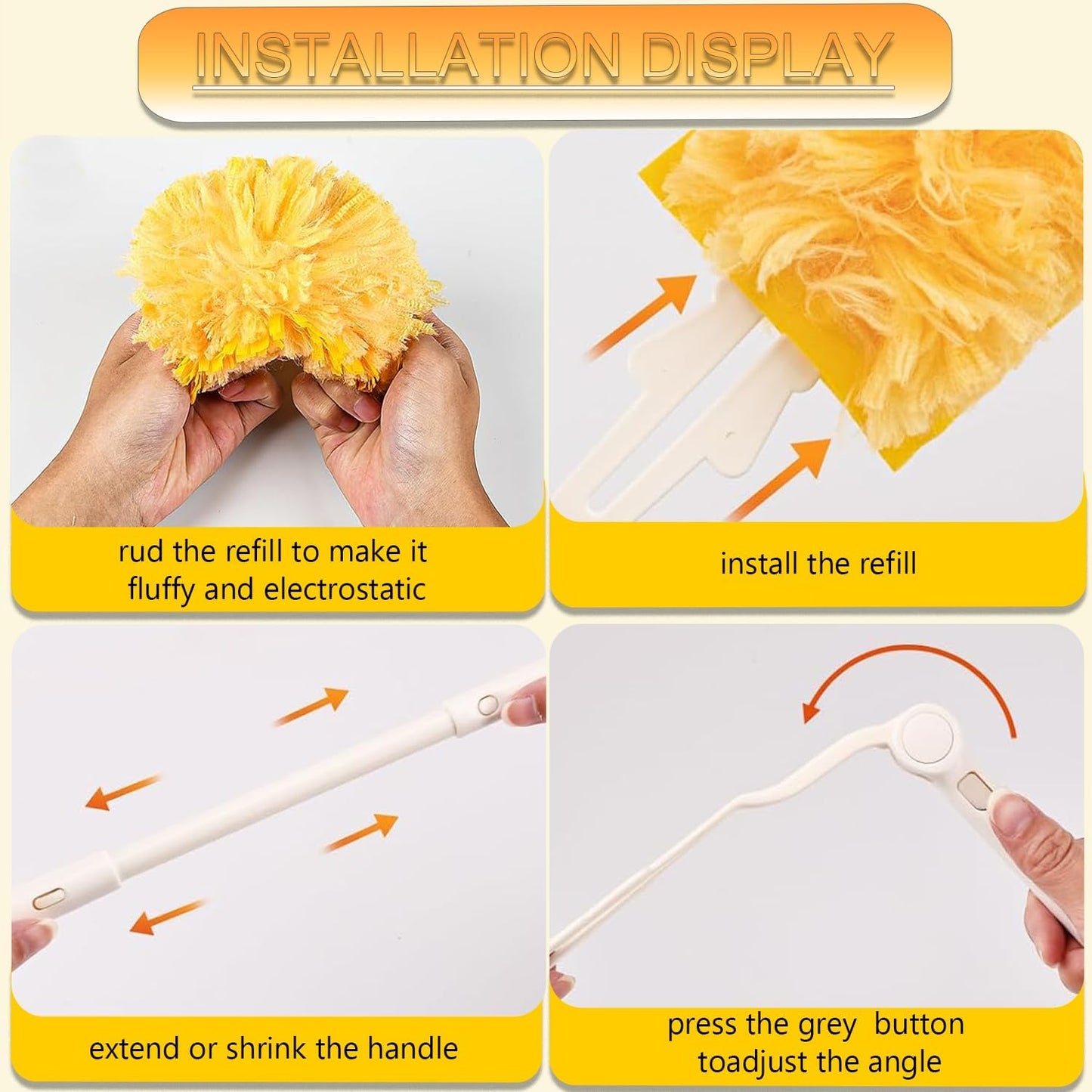 Duster Refills Compatible with Swiffer Duster, 360 Heavy Duty Multi Surface Duster Replacement with 1 Short Handle and 3FT Extenda Handle for Cleaning Furniture, Blind, Ceiling Fans(yellow-360-40pack)