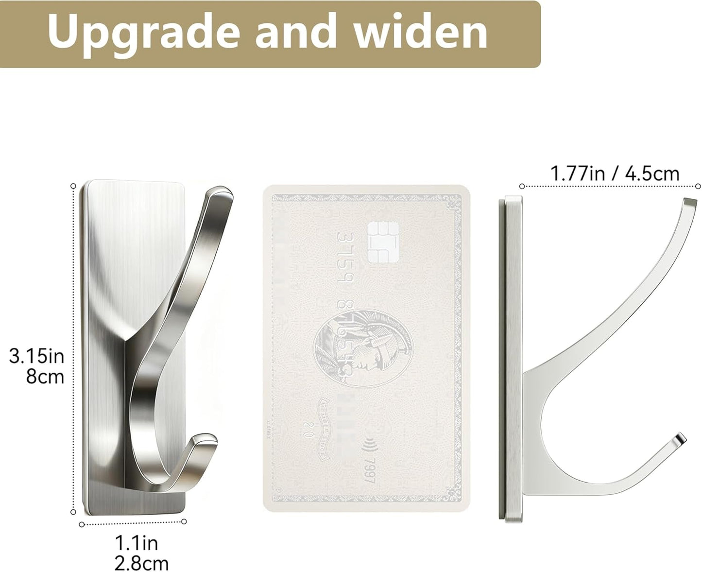 pickpiff Self Adhesive Coat Hooks for Hanging: Heavy Duty Stainless Wall Hook for Towel, Backpack, Hat, Sturdy Metal Hanger for Bathroom, Bedroom, Door, Brushed Nickel 4 Pack