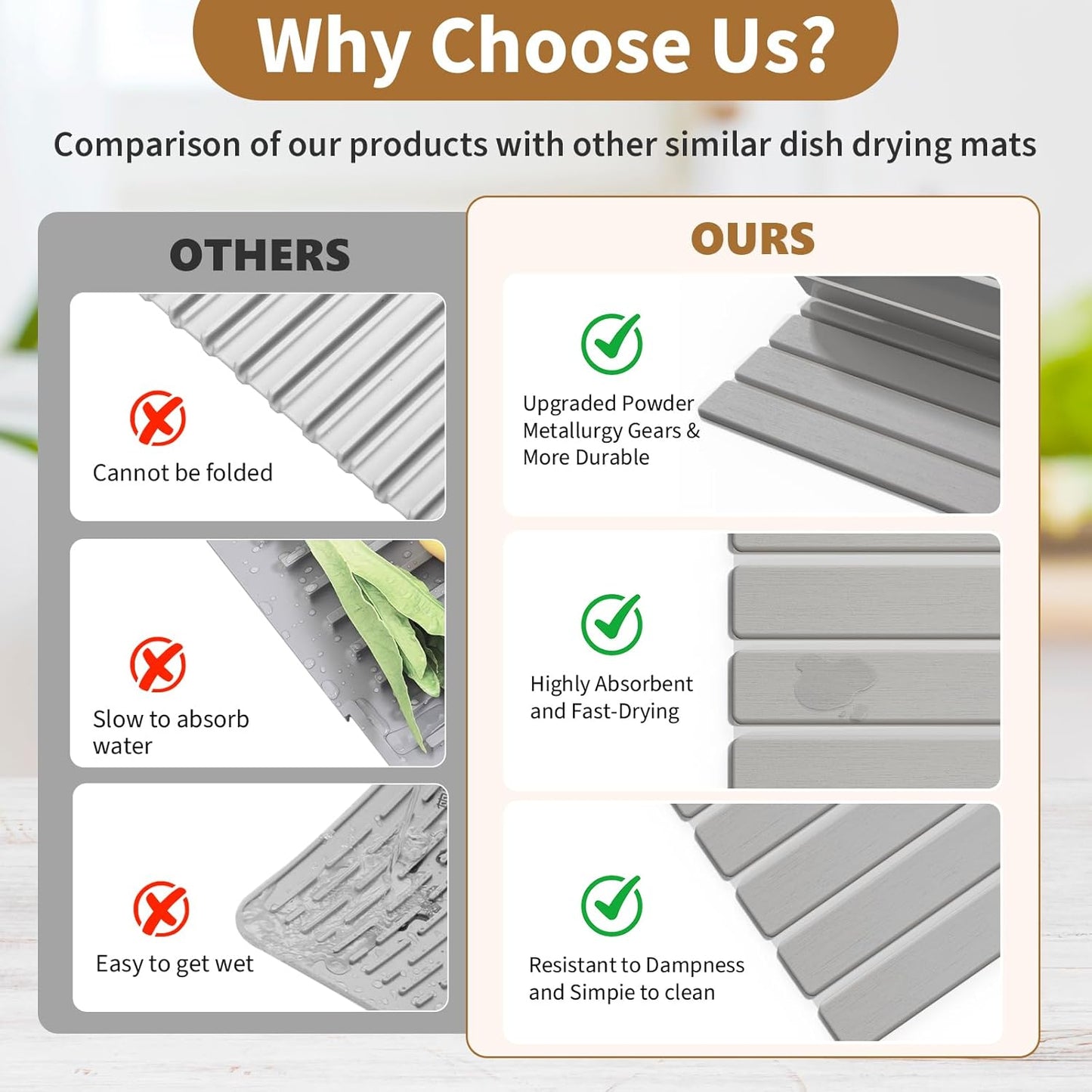 Stone Dish Drying Mats for Kitchen Counter-23.6''x15.3'' Foldable Quick Dry Stone Mat Kitchen,Eco-Friendly,Absorbent Diatomaceous Earth Mats for Dishes Bottles Cups Bathroom Any Countertop-Light Gray