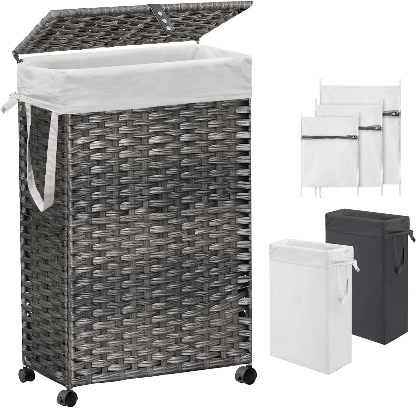 70L Slim Laundry Hamper with Lid & Wheels, Rolling Laundry Basket with 2 Removable Liner Bags & 3 Mesh Bags, Narrow Dirty Clothes Basket, Foldable Handwoven Rattan Laundry Sorter, Grey