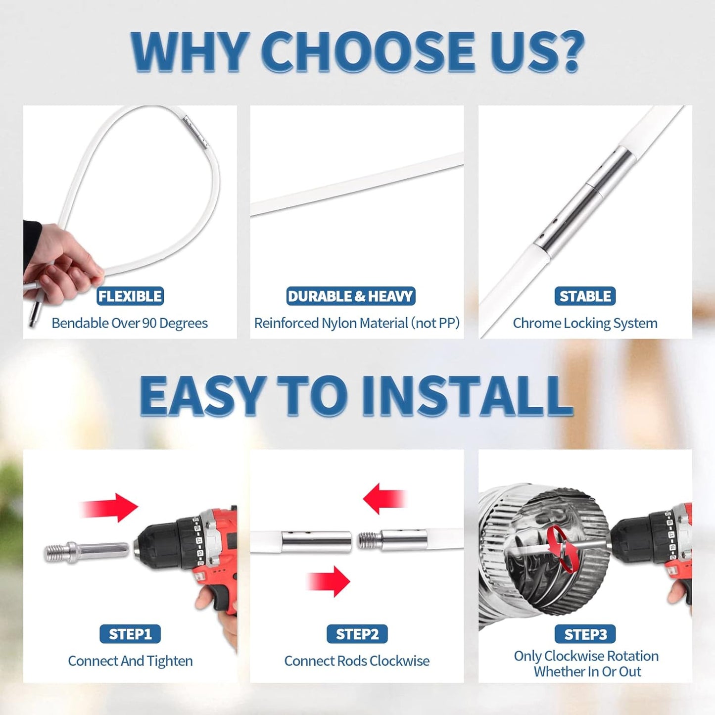 Bluesea 7 Pieces 12 Feet Dryer Vent Cleaner Kit, Reinforced Nylon Dryer Vent Cleaning Kit, Durable Dryer Vent Brush Vacuum Attachment with Flexible Lint Trap Brush, Vacuum & Dryer Adapters